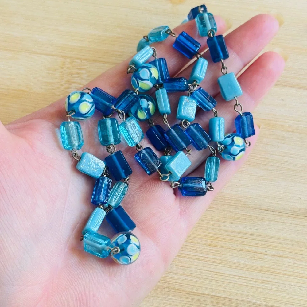 VTG BOHO Necklace Blue Art‎ Glass Beads Lampwork Strand Statement 70s Retro 26